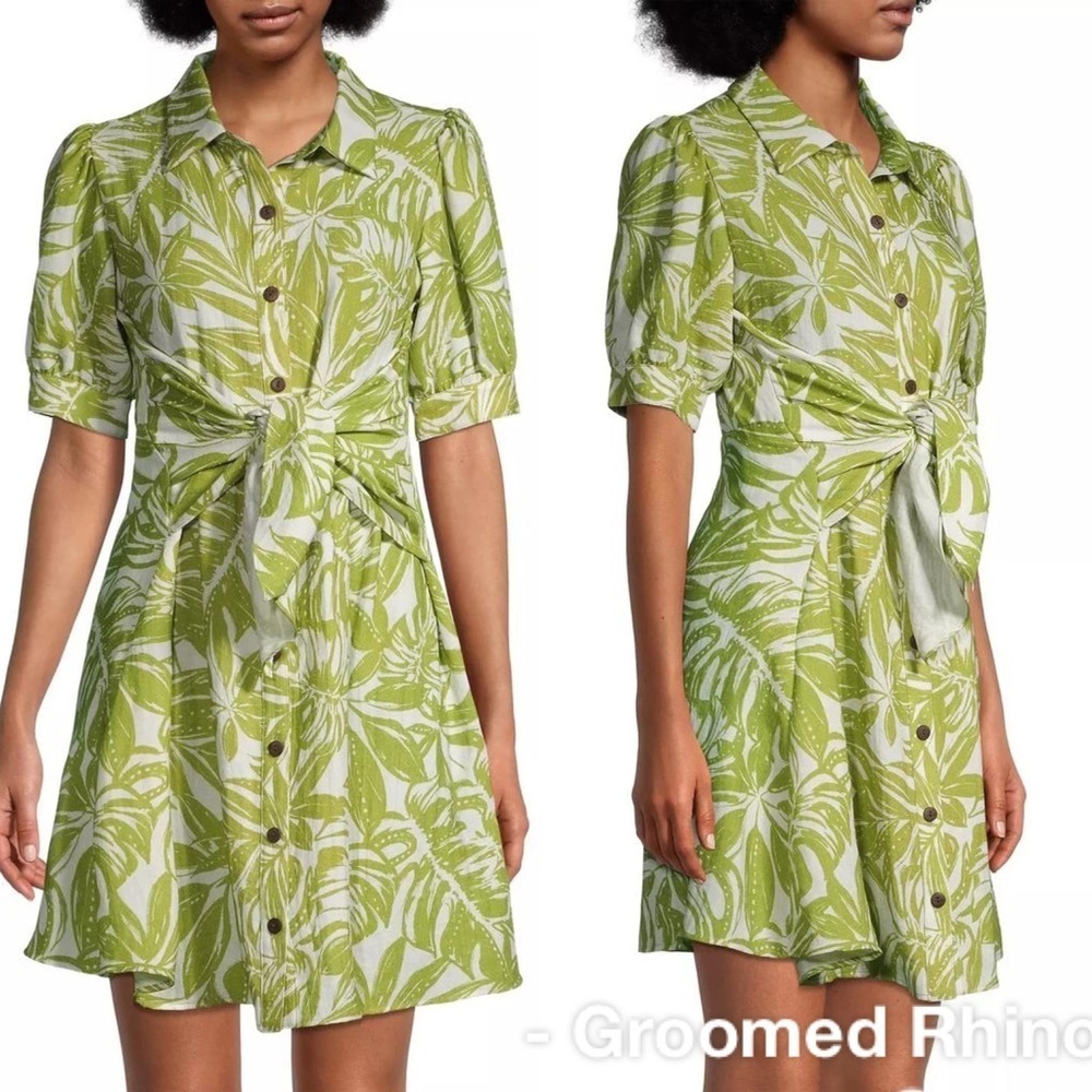 Rachel Parcel Leafy Print Tie Waist Pff Sleeve Dress Size L